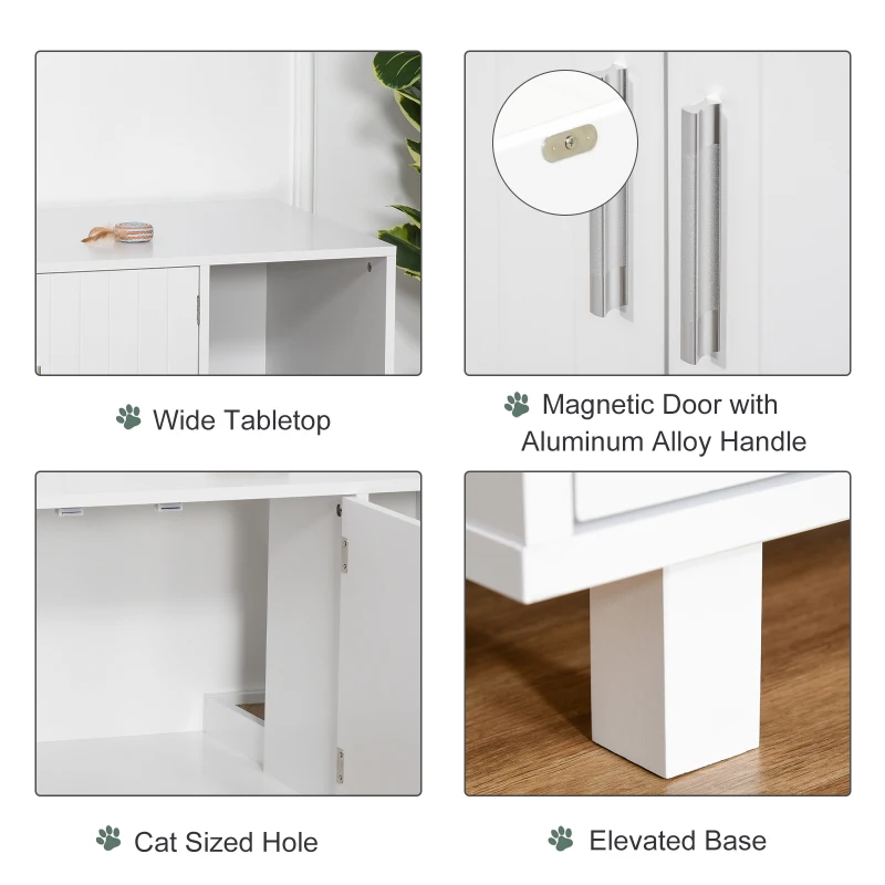 PawHut Wooden Cat Litter Box Enclosure & House, Kitty Hidden Washroom, with End Table Design, Scratcher, & Magnetic Doors, White