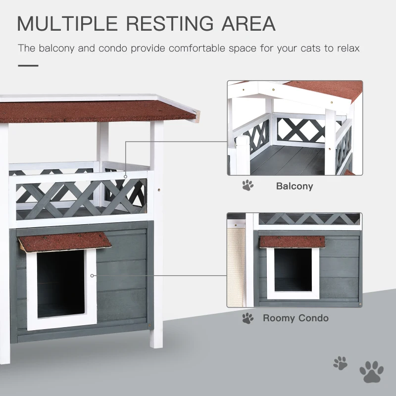 PawHut Wooden Cat House Outdoor with Sisal Ramp, 2-Story Feral Cat Shelter with Balcony, Asphalt Roof, Spacious Condo, Gray