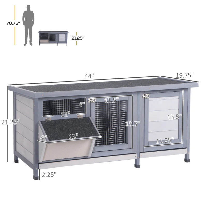 PawHut Wooden Rabbit Hutch Bunny Hutch Cage Guinea Pig with Waterproof Roof, No Leak Tray and Feeding Trough, for Rabbits, Chickens, Ducks, Indoor/Outdoor, Gray