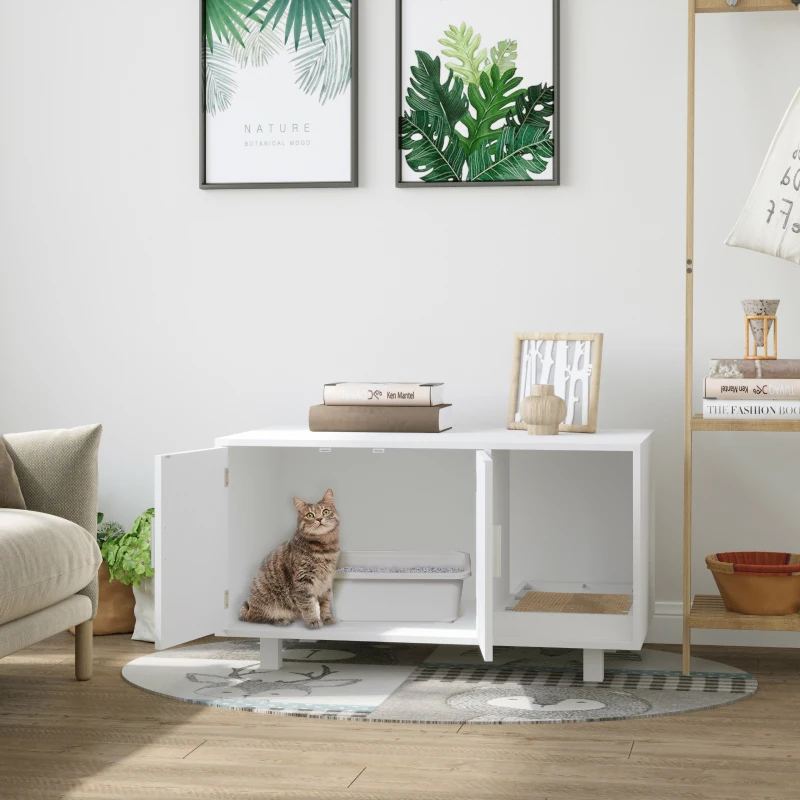 PawHut Wooden Cat Litter Box Enclosure & House, Kitty Hidden Washroom, with End Table Design, Scratcher, & Magnetic Doors, White
