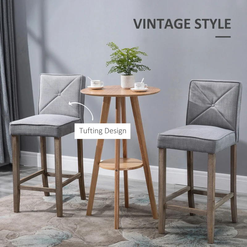 HOMCOM Modern Bar Stools Set of 2, Upholstered Barstools Kitchen Island Chair with Build-In Footrest, Solid Wood Legs, Gray