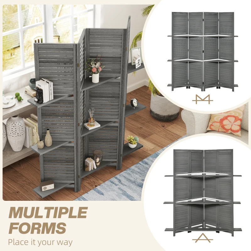 HOMCOM 4 Panel 67" Tall Wood Privacy Screen Room Divider with 3 Shelves and Folding Storage for Bedroom, Gray