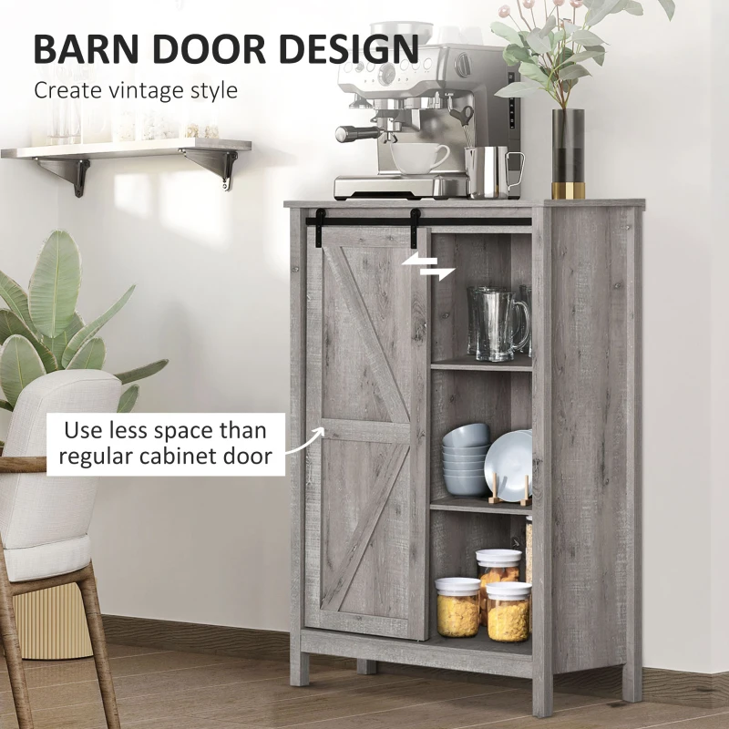 HOMCOM Farmhouse Accent Cabinet, Kitchen Cupboard Storage Cabinet with Barn Door and Adjustable Shelf, Gray Oak
