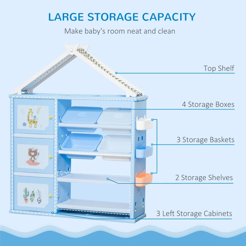 Qaba Kids Toy Storage Organizer with 4 Bins, Storage Cabinets, Bookshelf and 4-Layers Toy Collection Shelves, Blue