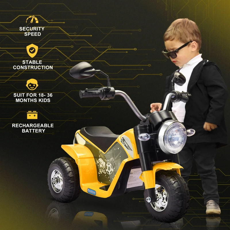 Aosom Electric Motorcycle for Kids, 6V Battery Powered Ride-On Dirt Bike 3-Wheels Motorbike with Horn Headlights Realistic Sounds Speed for 18 - 36 Months Yellow