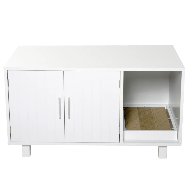 PawHut Wooden Cat Litter Box Enclosure & House, Kitty Hidden Washroom, with End Table Design, Scratcher, & Magnetic Doors, White