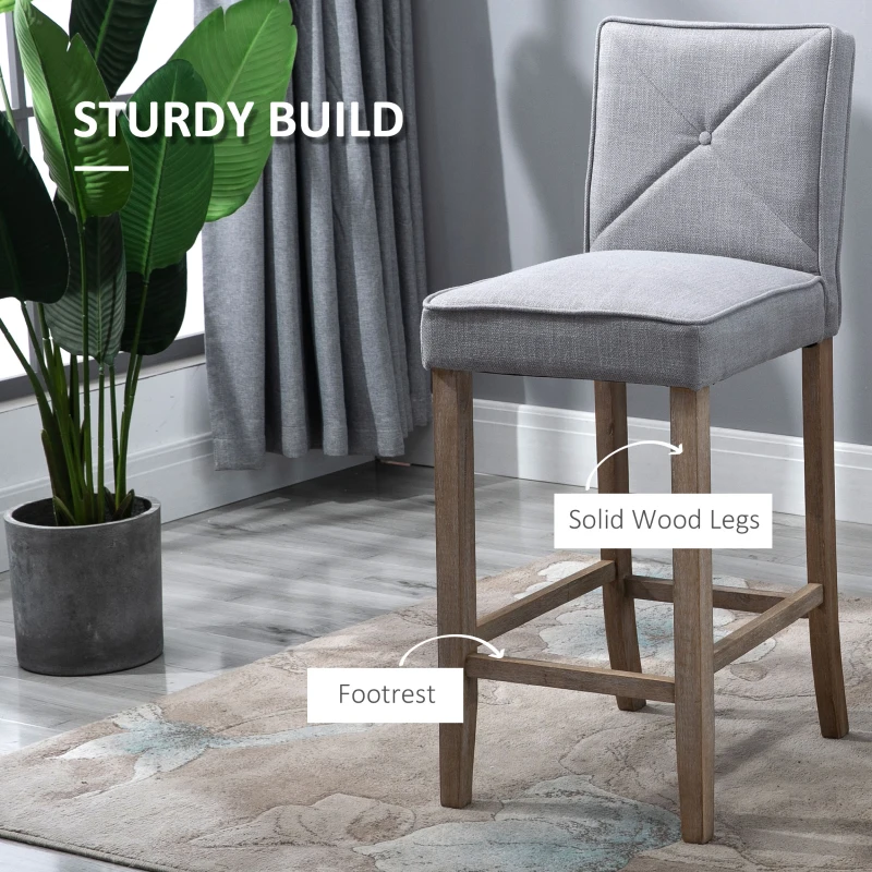 HOMCOM Modern Bar Stools Set of 2, Upholstered Barstools Kitchen Island Chair with Build-In Footrest, Solid Wood Legs, Gray