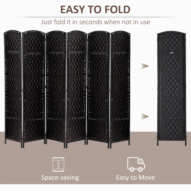 HOMCOM Room Divider, 6 Panel Folding Privacy Screen, 6FT Tall Portable Wicker Weave Partition Wall Divider for Bedroom, Home Office, Black