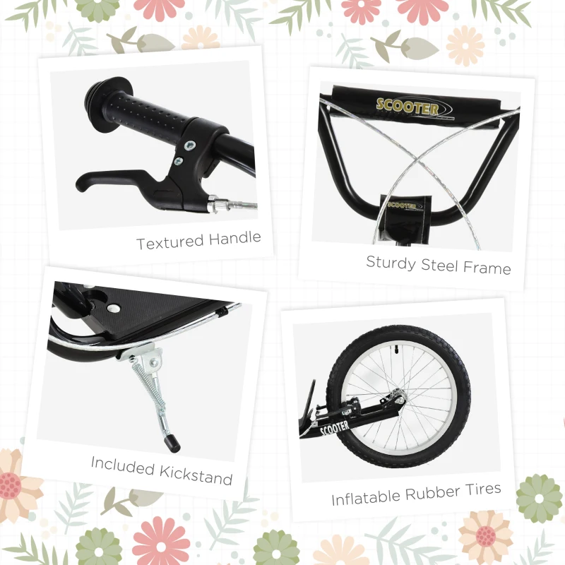 Aosom Youth Scooter Kick Scooter for Kids 5+, Max Load 220 LBS., with Adjustable Handlebar, 16" Inflatable Wheels, Dual Brakes, Black