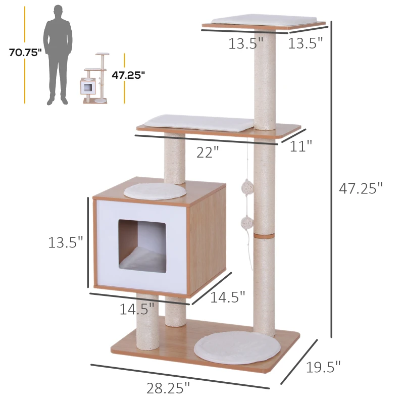 PawHut 47” Modern Cat Tree Multi-Level Scratching Post With Cube Cave Enclosure - Oak Wood and White