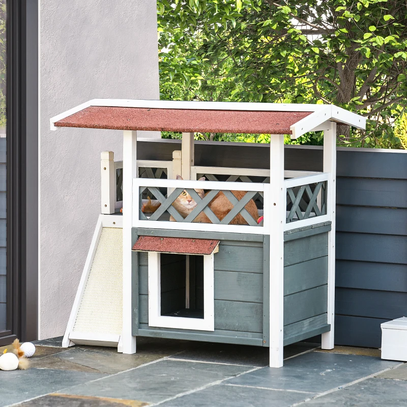 PawHut Wooden Cat House Outdoor with Sisal Ramp, 2-Story Feral Cat Shelter with Balcony, Asphalt Roof, Spacious Condo, Gray
