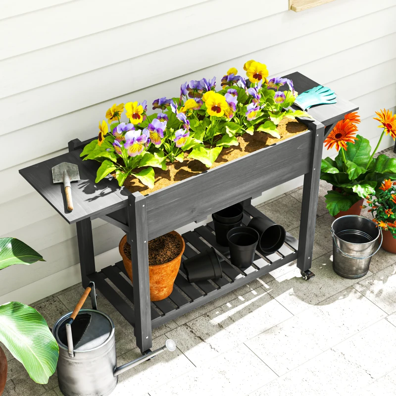 Outsunny Wood Raised Planter Box, Elevated Garden Bed with Lockable Wheels, Side Tables, Bottom Shelf, Drain Holes, Gray