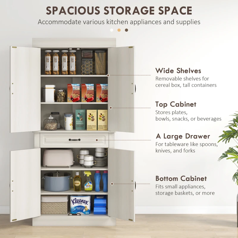 HOMCOM 71" Freestanding Kitchen Pantry Cabinet, Tall Storage Cabinet with 4 Doors and Drawer for Dining Room, White