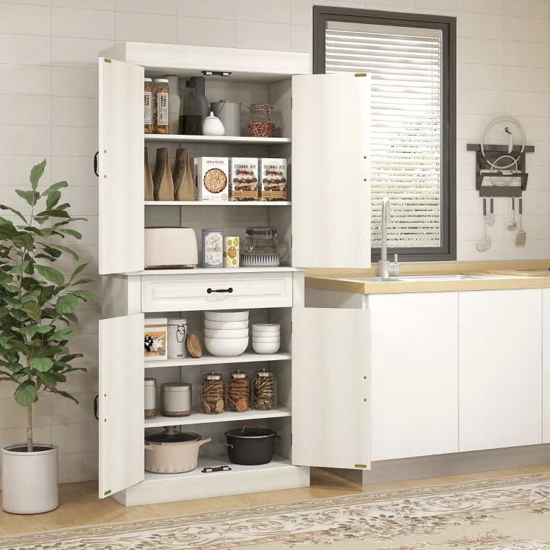 HOMCOM 71" Freestanding Kitchen Pantry Cabinet, Tall Storage Cabinet with 4 Doors and Drawer for Dining Room, White