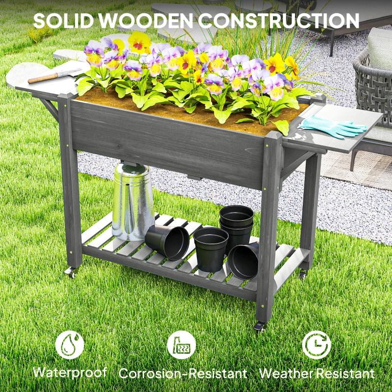 Outsunny Wood Raised Planter Box, Elevated Garden Bed with Lockable Wheels, Side Tables, Bottom Shelf, Drain Holes, Gray