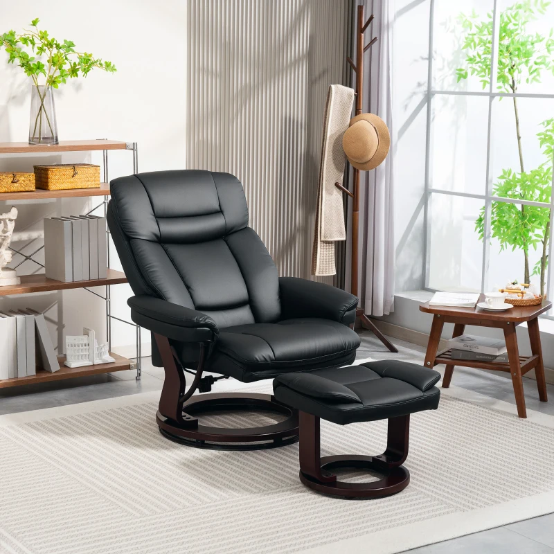 HOMCOM Swivel Recliner with Ottoman, PU Leather Reclining Chair with Footrest, for Living Room, Bedroom, Black