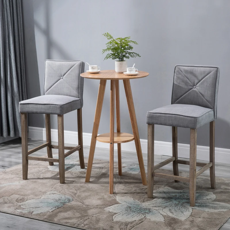 HOMCOM Modern Bar Stools Set of 2, Upholstered Barstools Kitchen Island Chair with Build-In Footrest, Solid Wood Legs, Gray