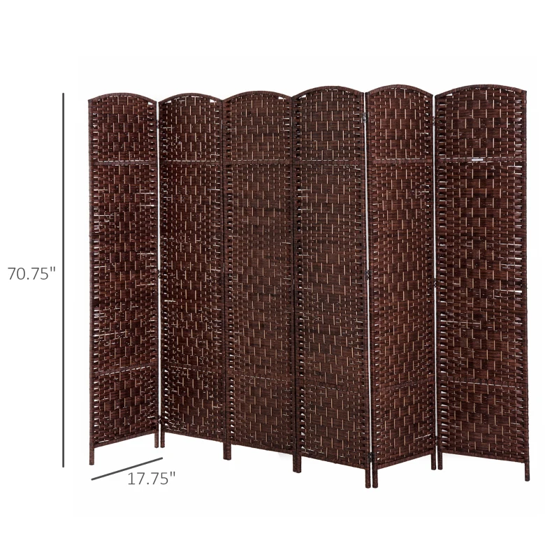 HOMCOM Room Divider, 6 Panel Folding Privacy Screen, 6FT Tall Portable Wicker Weave Partition Wall Divider for Bedroom, Home Office, Brown