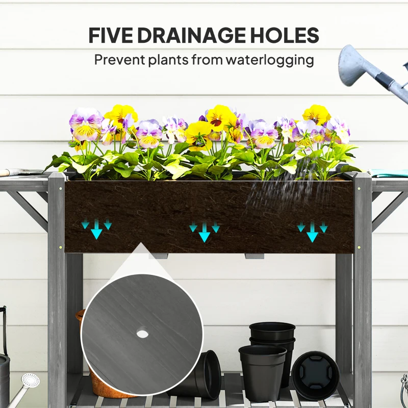 Outsunny Wood Raised Planter Box, Elevated Garden Bed with Lockable Wheels, Side Tables, Bottom Shelf, Drain Holes, Gray