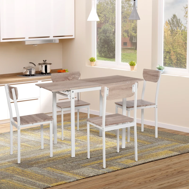 HOMCOM Modern Dining Table Set for 4, 5-Piece Kitchen Table Set, Rectangular Extendable Dining Table with 2 Drop Leaf, 4 Chairs for Kitchen, Dining Room, Dinette, Breakfast Nook, White