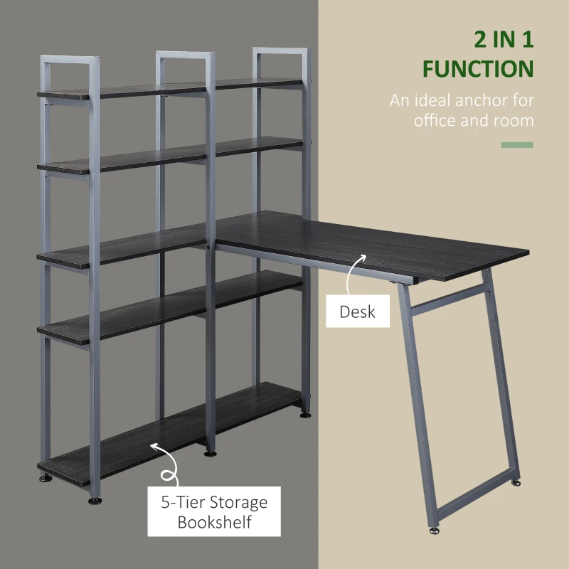 HOMCOM 5 Tier Versatile L-Shaped Computer Desk, Writing Table with Display Shelves and Metal Frame, Space-Saving for Study, Home Office, Black
