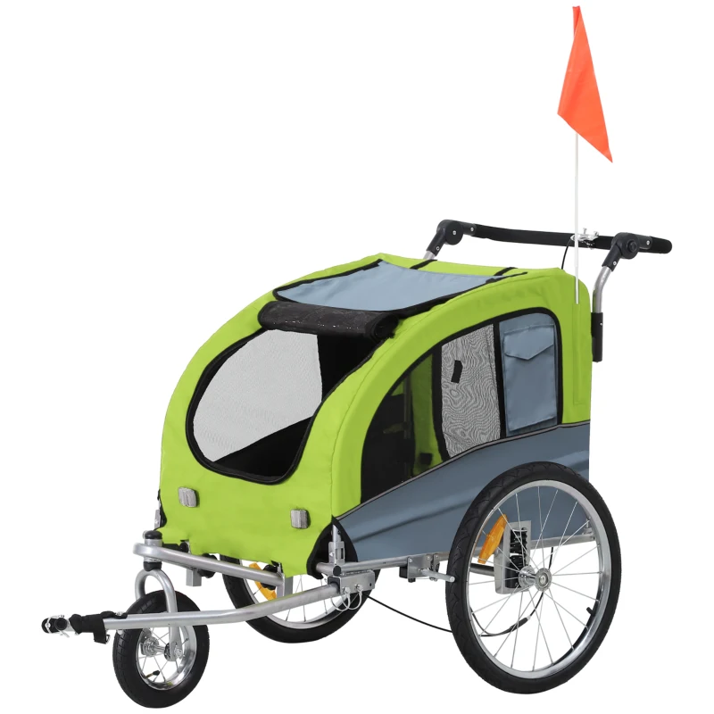 Aosom Dog Bike Trailer 2-In-1 Pet Stroller with Canopy and Storage Pockets, Green