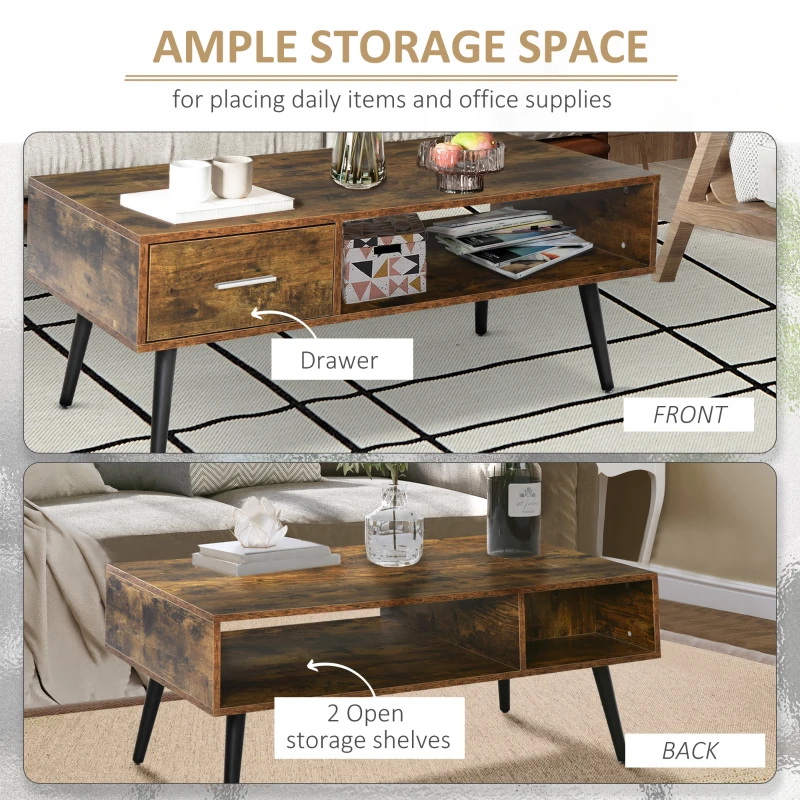 HOMCOM 43" Mid-Century Modern Coffee Table with Drawer and Shelf, Cocktail Center Table for Living Room, Rustic Brown