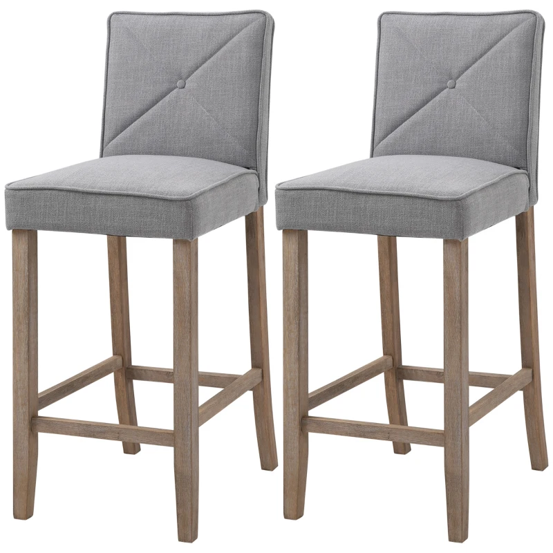 HOMCOM Modern Bar Stools Set of 2, Upholstered Barstools Kitchen Island Chair with Build-In Footrest, Solid Wood Legs, Gray