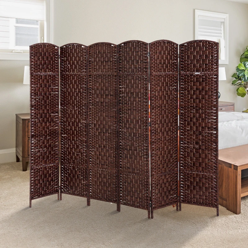 HOMCOM Room Divider, 6 Panel Folding Privacy Screen, 6FT Tall Portable Wicker Weave Partition Wall Divider for Bedroom, Home Office, Brown