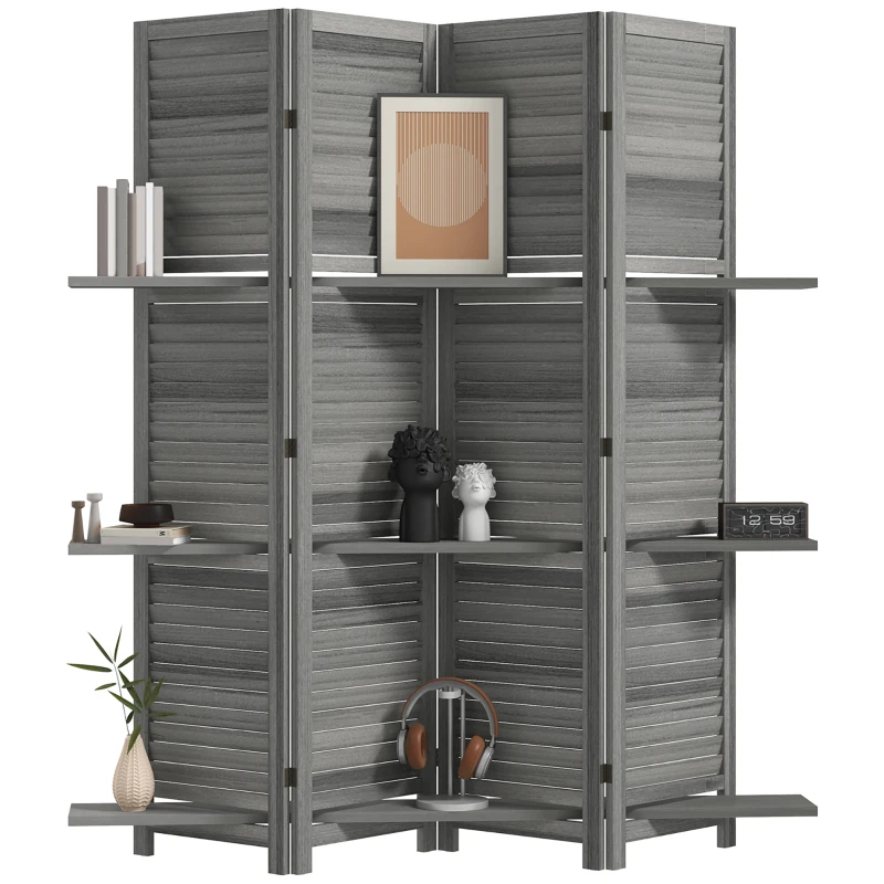 HOMCOM 4 Panel 67" Tall Wood Privacy Screen Room Divider with 3 Shelves and Folding Storage for Bedroom, Gray