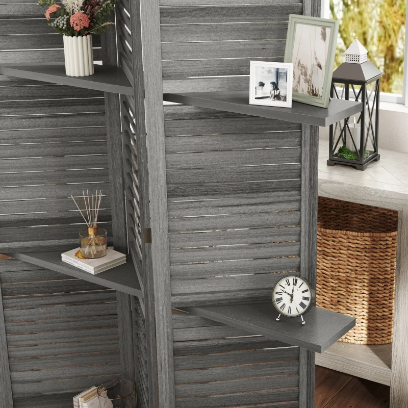 HOMCOM 4 Panel 67" Tall Wood Privacy Screen Room Divider with 3 Shelves and Folding Storage for Bedroom, Gray