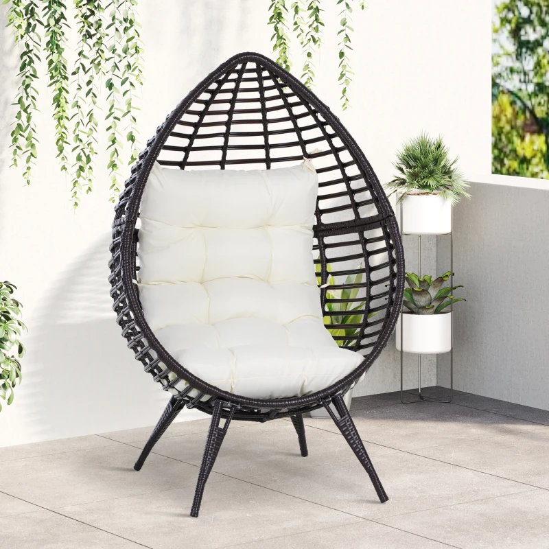 Outsunny Patio Wicker Egg Chair w/ Soft Cushion, Teardrop Cuddle Seat, Outdoor / Indoor Patio Chair, PE Plastic Rattan Furniture with Adjustable Height Feet Pads, Beige