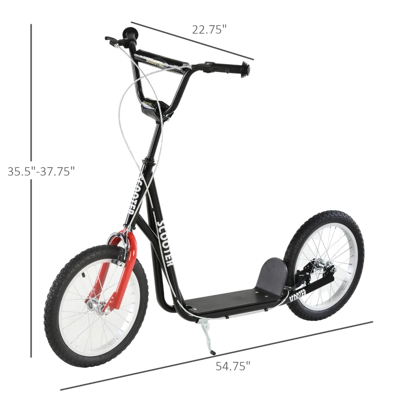 Aosom Youth Scooter Kick Scooter for Kids 5+, Max Load 220 LBS., with Adjustable Handlebar, 16" Inflatable Wheels, Dual Brakes, Black