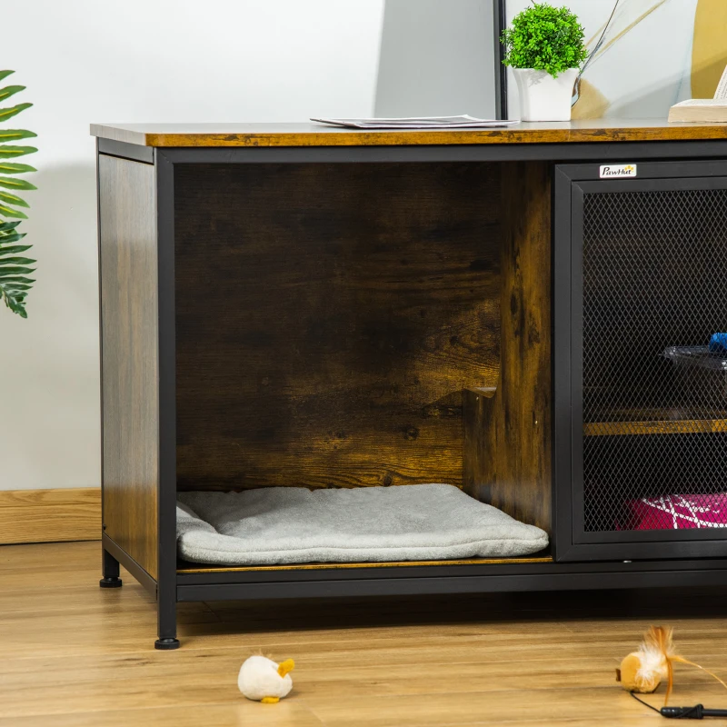 PawHut Wooden Cat Crate, Furniture Style Dog Cage, Puppy Kennel Indoor, End Table Pet House with Cushion and Sliding Doors, Rustic Brown