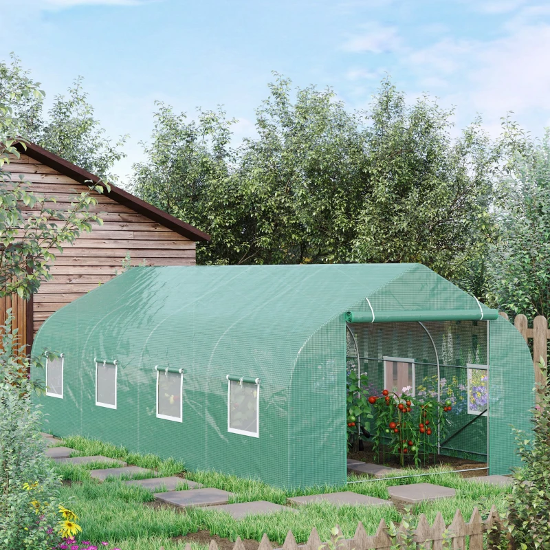 Outsunny 20' x 10' x 7' Outdoor Walk-in Greenhouse, Tunnel Green House with Roll-up Windows, Zippered Door, PE Cover, Heavy Duty Steel Frame, Green