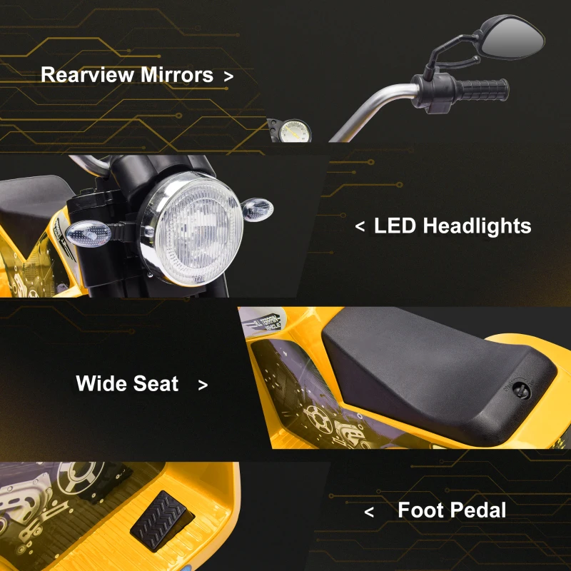 Aosom Electric Motorcycle for Kids, 6V Battery Powered Ride-On Dirt Bike 3-Wheels Motorbike with Horn Headlights Realistic Sounds Speed for 18 - 36 Months Yellow