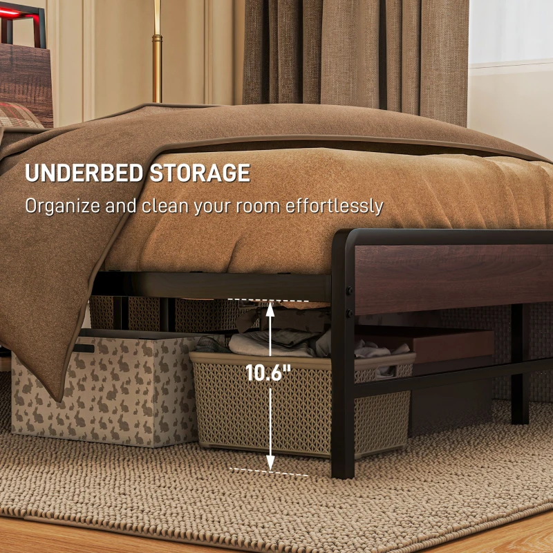 HOMCOM Queen Size Bed Frame with LED Lights and Charging Station, Queen Bed Frame with Storage Headboard, Noise-Free, Walnut