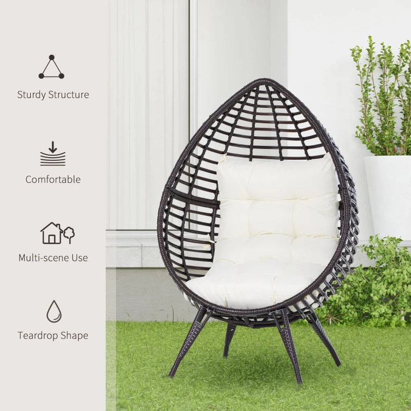 Outsunny Patio Wicker Egg Chair w/ Soft Cushion, Teardrop Cuddle Seat, Outdoor / Indoor Patio Chair, PE Plastic Rattan Furniture with Adjustable Height Feet Pads, Beige