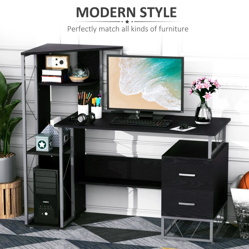 HOMCOM 52" Modern Computer Desk with Storage Shelves and Drawers, Home Office Desk, Study Workstation with CPU Stand, Black