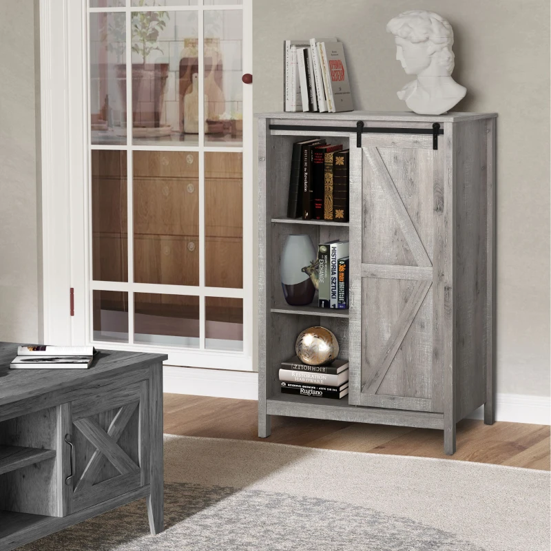 HOMCOM Farmhouse Accent Cabinet, Kitchen Cupboard Storage Cabinet with Barn Door and Adjustable Shelf, Gray Oak