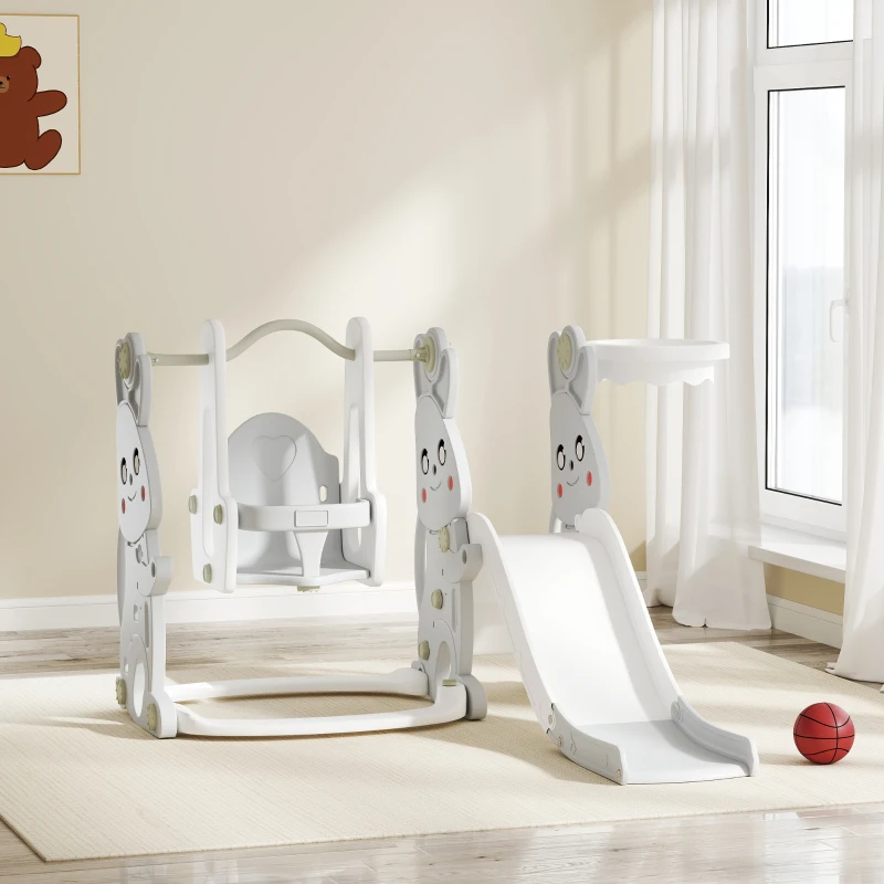 Qaba 4 in 1 Toddler Slide and Swing Set with Climber, Basketball Hoop, Rabbit Themed Kids Playset for Ages 1.5-4, Gray