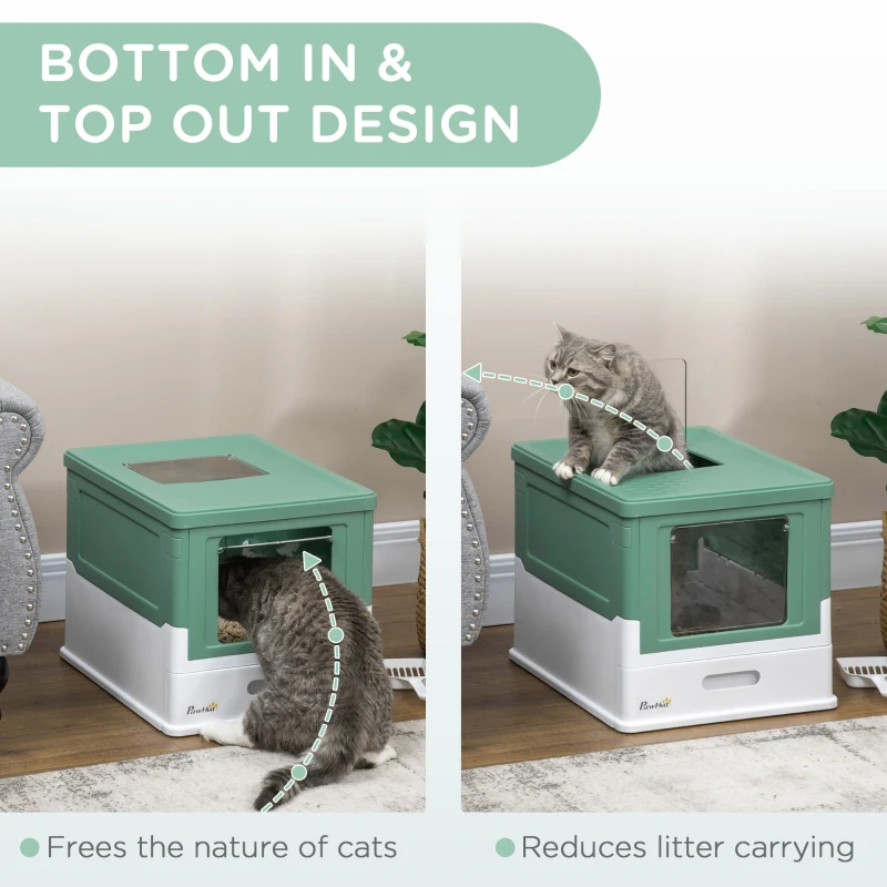 PawHut Top Entry Enclosed Kitty Litter Box with Scoop, Tray, Front Entry, Large Space, Foldable, Portable, Green