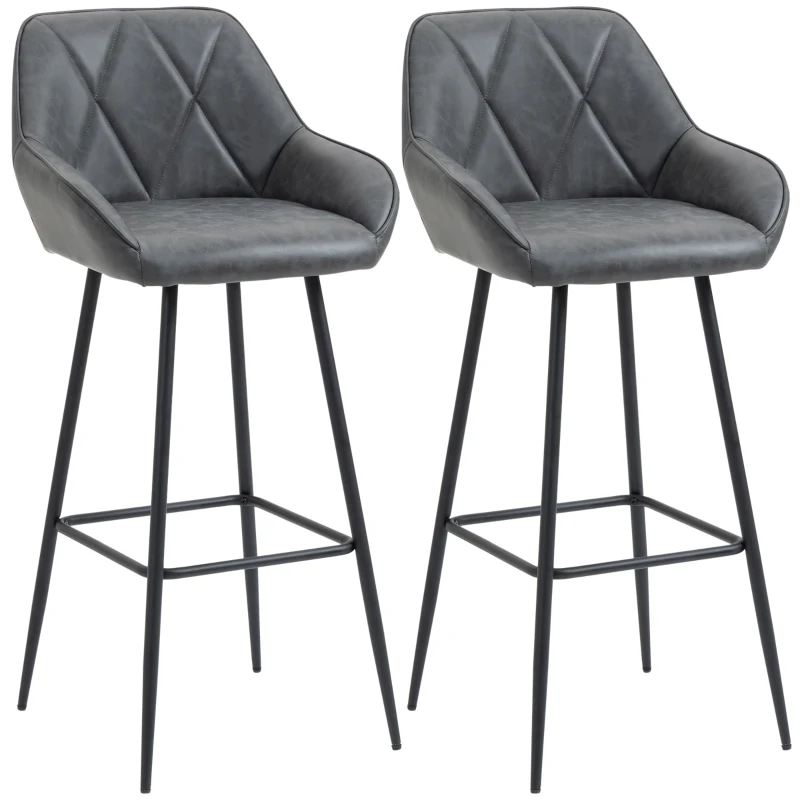 HOMCOM Retro Bar Stools Set of 2, Bar Chairs with Footrest, 30" (76 cm.) Kitchen Stools with Backs and Steel Legs, for Kitchen Island and Home Bar, Grey