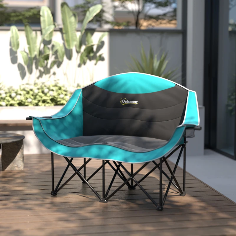 Outsunny Padded Folding Camp Chair for Adults, Double Camping Chair with Armrests, Cup Holders, Carry Bag for Outdoor, Green