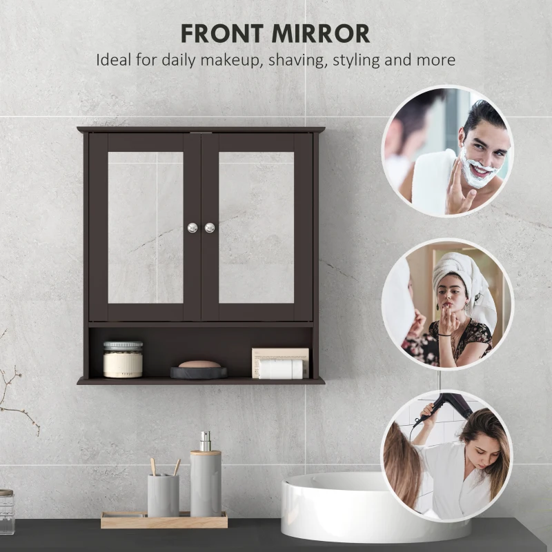 kleankin Medicine Cabinet, Wall-Mounted Bathroom Mirror Cabinet with Double Doors, Open Shelf, and Adjustable Shelf, Modern Bathroom Wall Cabinet, Dark Brown