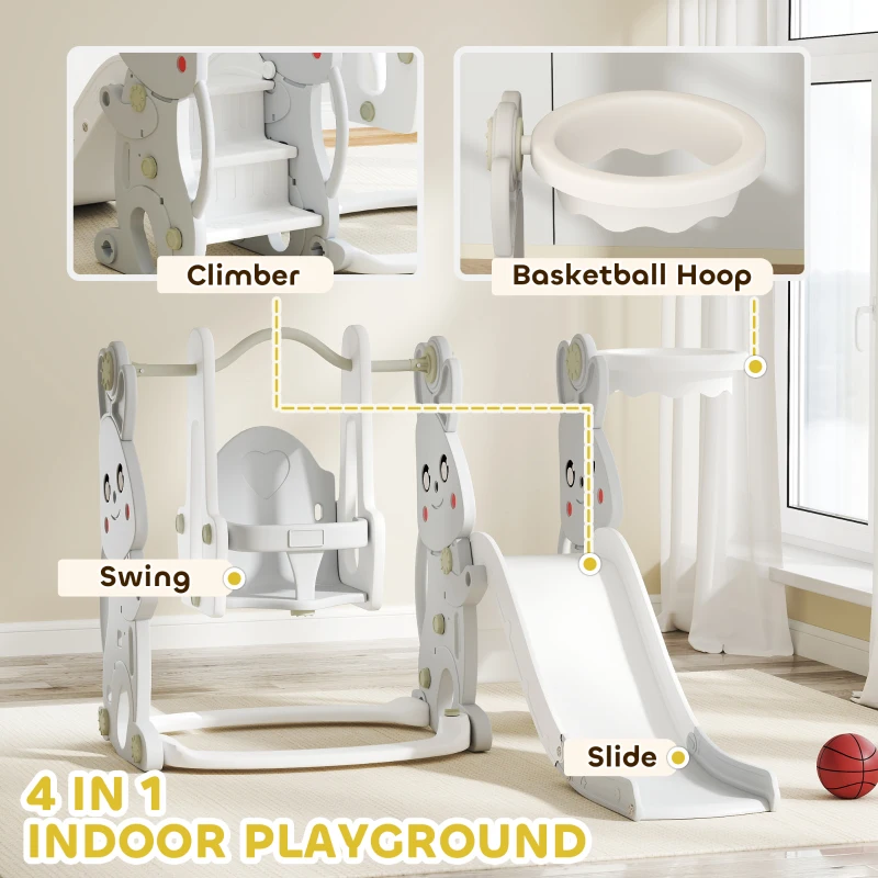 Qaba 4 in 1 Toddler Slide and Swing Set with Climber, Basketball Hoop, Rabbit Themed Kids Playset for Ages 1.5-4, Gray