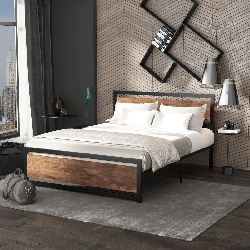 HOMCOM Queen Bed Frame with Headboard & Footboard, Strong Metal Slat Support Bed Frame w/ Underbed Storage Space, No Box Spring Needed, 63''x82''x40.5''