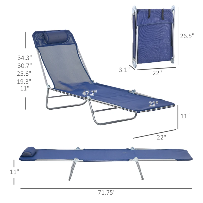 Outsunny 2 Piece Sun Loungers, Folding Chaise Lounge Chairs with Reclining Back, Breathable Mesh Seat, Headrest, Dark Blue