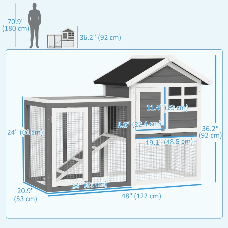PawHut 48" Weatherproof Wooden Rabbit Hutch With Slant Roof And Screened Outdoor Run, Grey