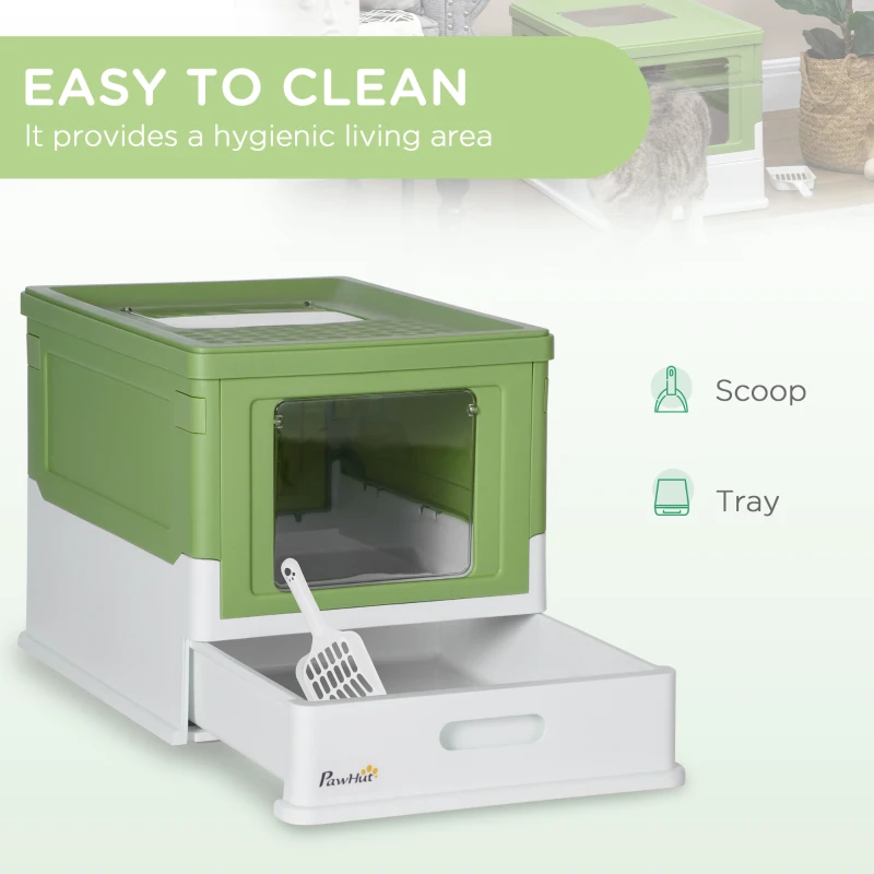 PawHut Top Entry Enclosed Kitty Litter Box with Scoop, Tray, Front Entry, Large Space, Foldable, Portable, Dark Green